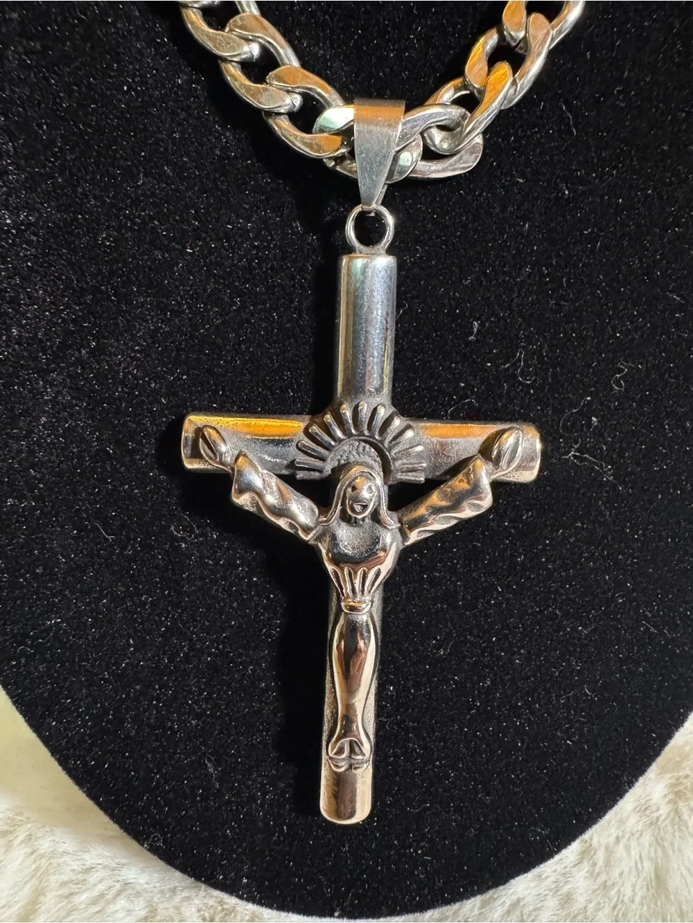 Silver-Tone Men's Cuban Link Cross Pendant Necklace stainless steel